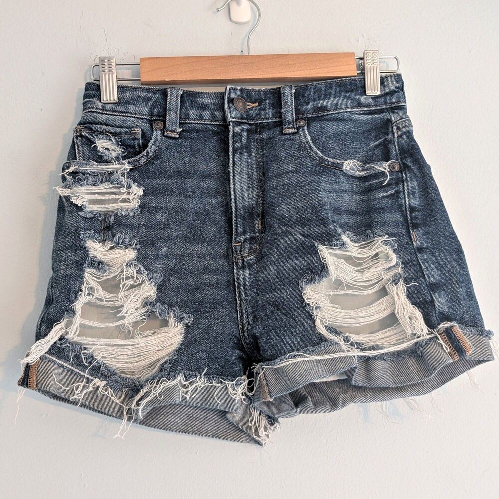 American Eagle Jeans Mom Short Denim Dark Wash High Waisted Distressed Size 2